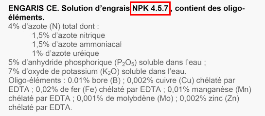 Étiquette de l'engrais Algoflash avec un NPK adapté